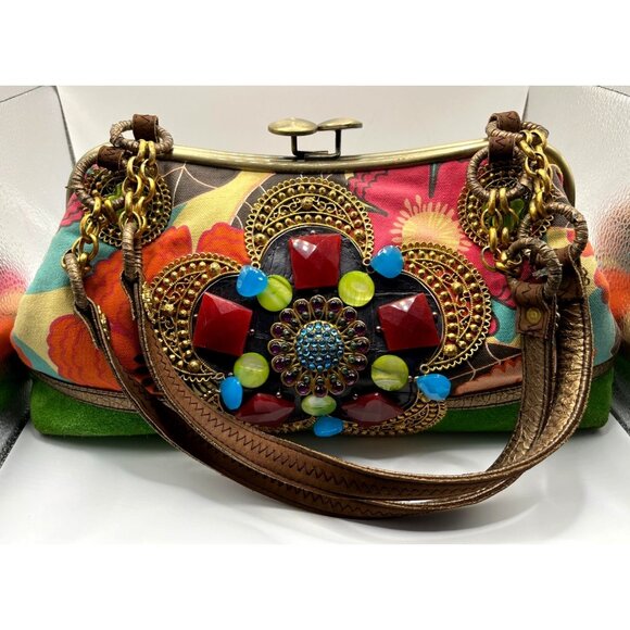 Vtg Mary Frances Handcrafted Embellished Satchel Purse With Faux Gemstones & Flo - Picture 1 of 16